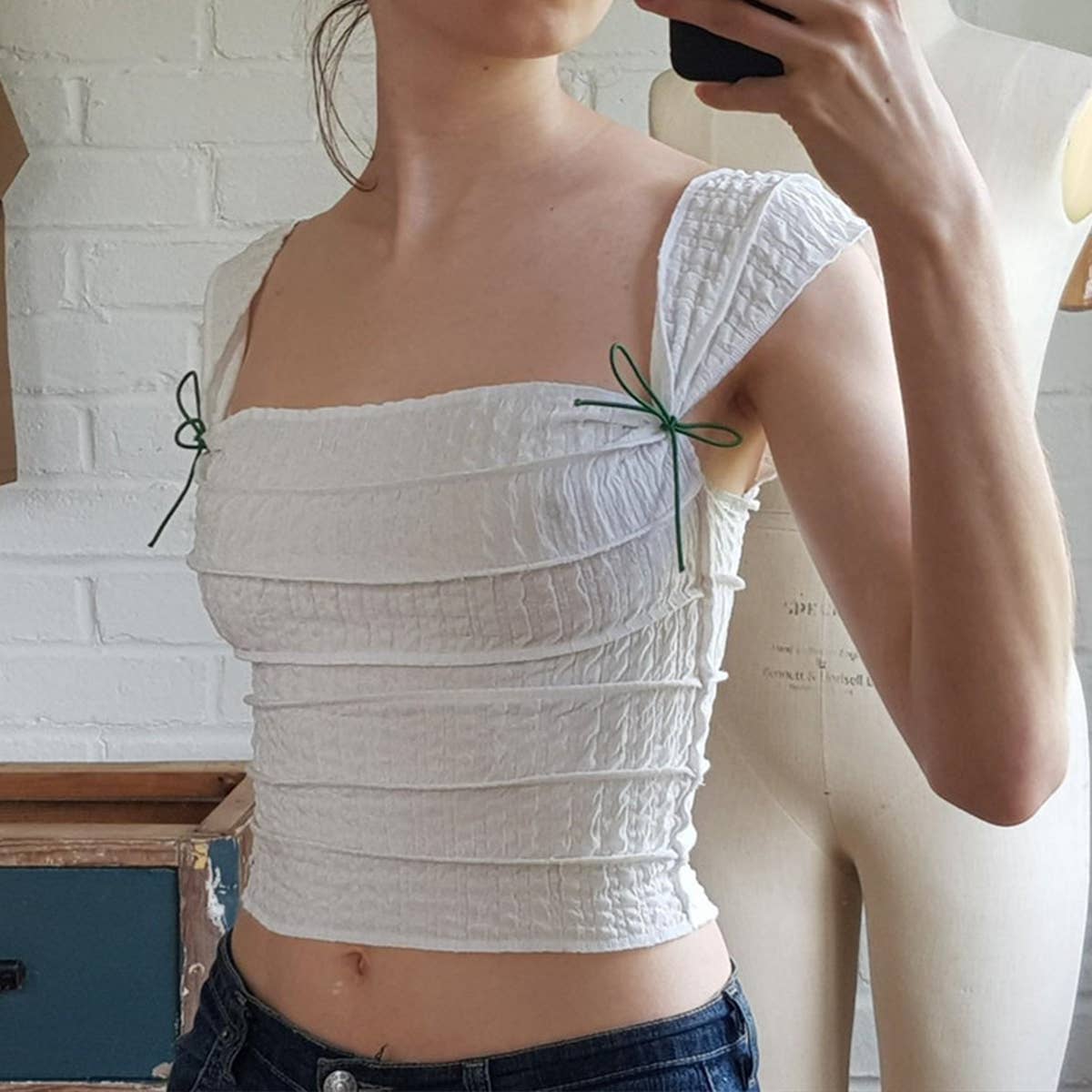 Striped Square Neck Ruched Sleeveless Crop Top