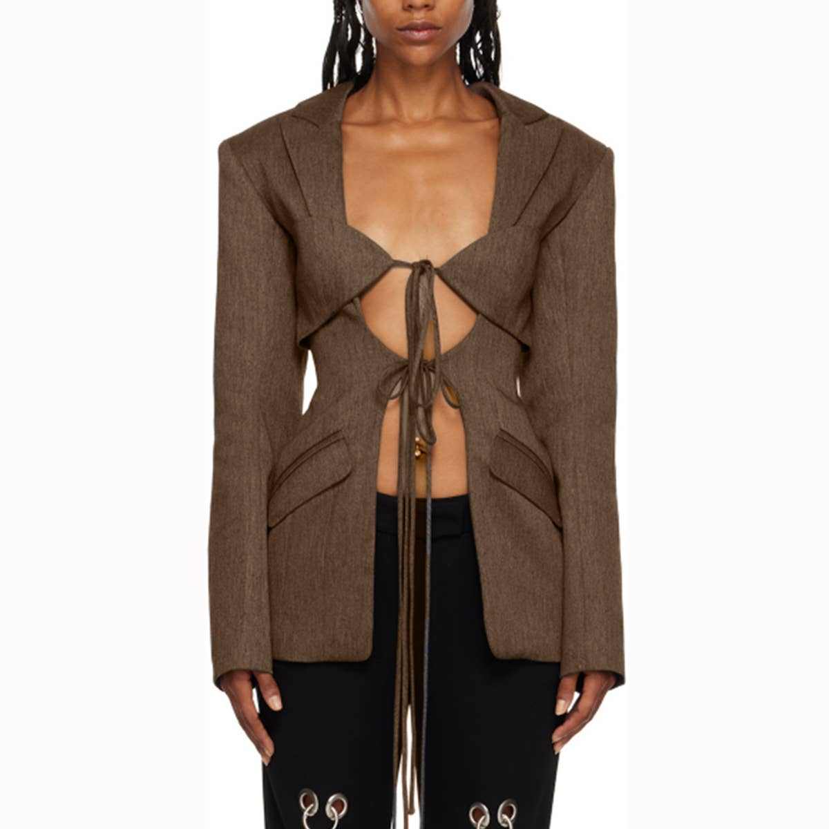 Sexy V-Neck Lace-Up Waist Blazer with Asymmetry