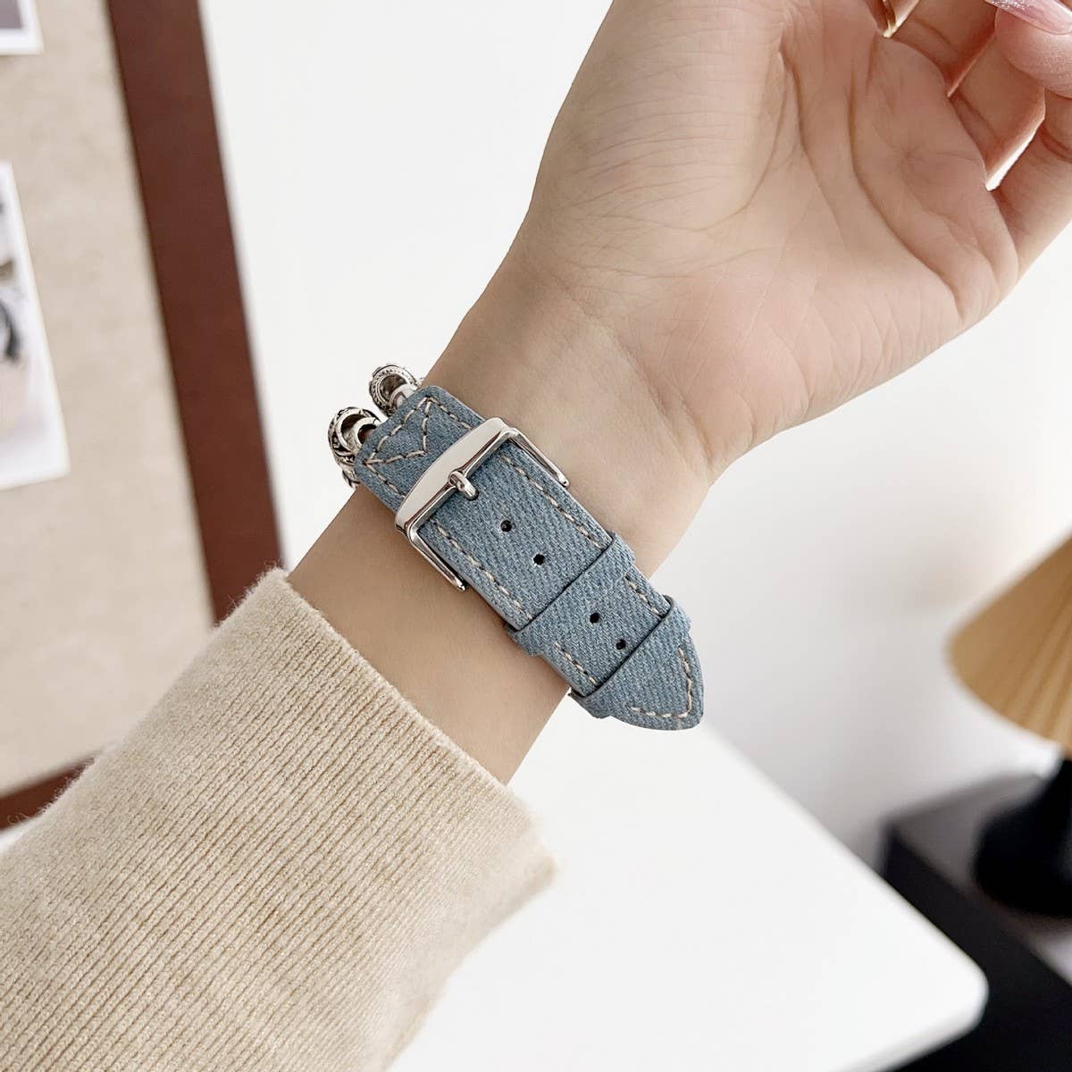 IWATCH9-1 TIBETAN SILVER DENIM LEATHER STRAP
