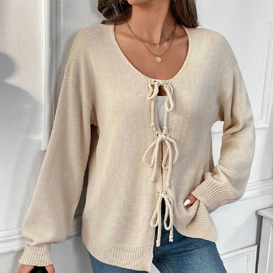 ROUND NECK SOLID COLOR BOW TIE CARDIGAN COAT