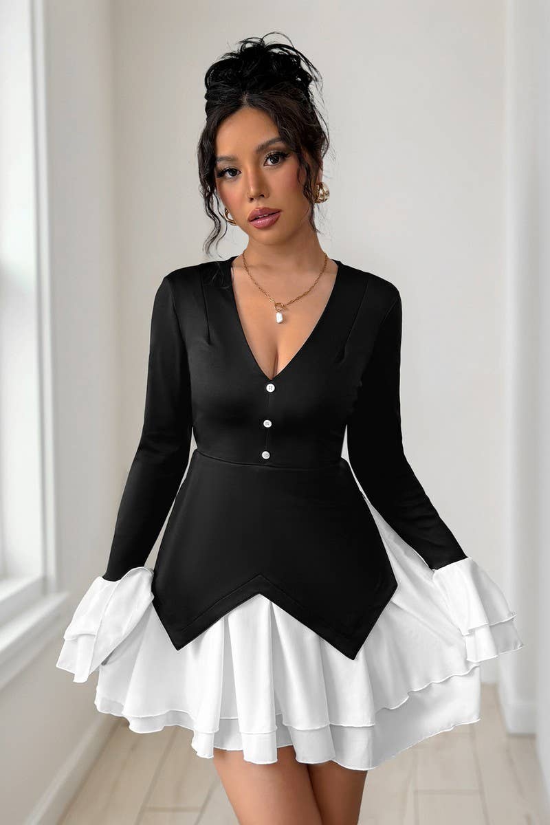 CWDSD8744_COLORBLOCK RUFFLE TRIM LONG SLEEVE DRESS