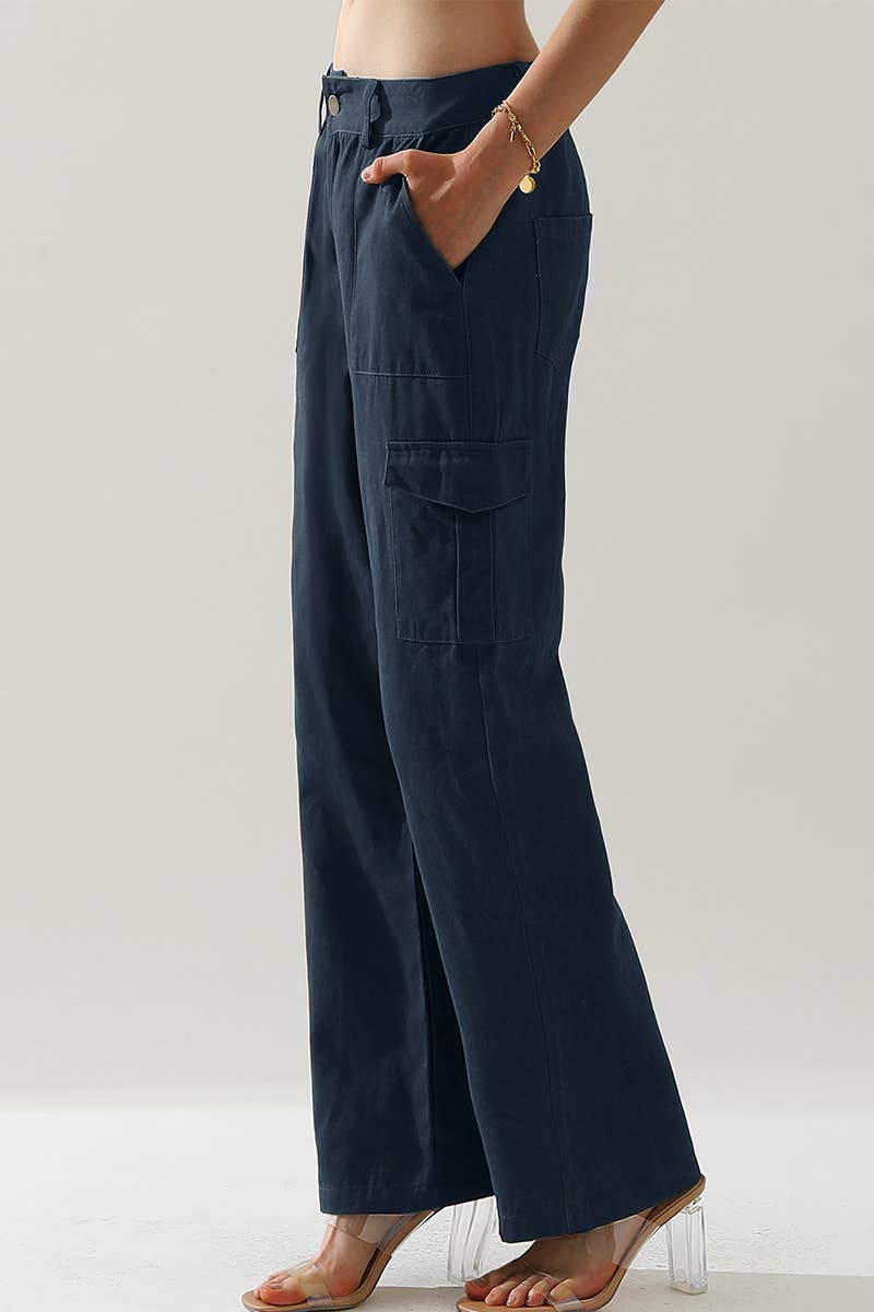 CWBLP421_Cargo Cotton Pants Wide Leg Casual Pants 4 Pockets
