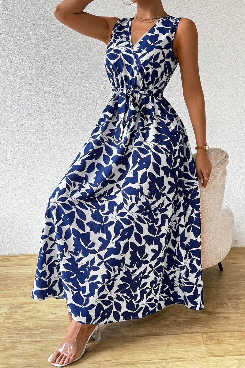 CWDMD4426_PRINTED V-NECK SLEEVELESS TIE RESORT MAXI DRESS
