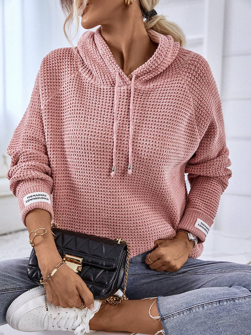 Solid color hooded drawstring knit sweater