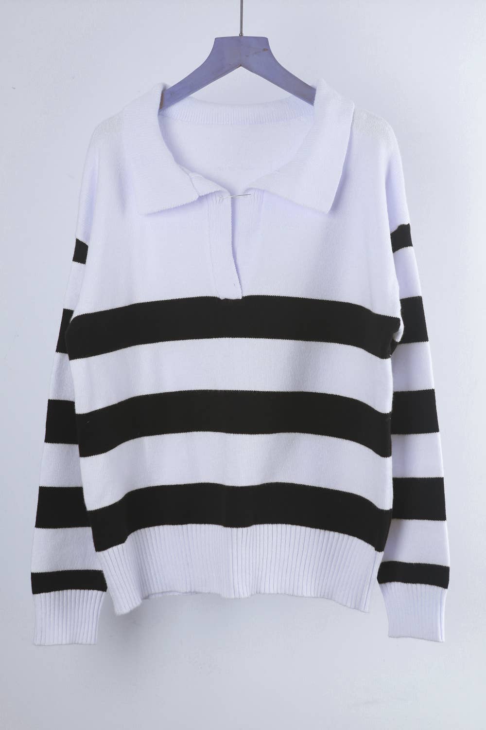 STRIPED PATCHWORK PLOL COLLAR SWEATER SWEATER