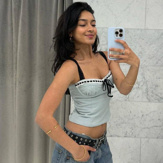 Lace square neck lace-up low-cut halter top