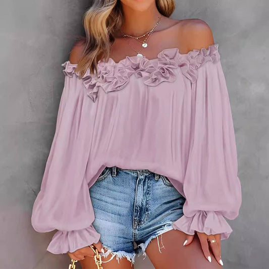 SEXY SOLID COLOR RUFFLED SHOULDER TOP