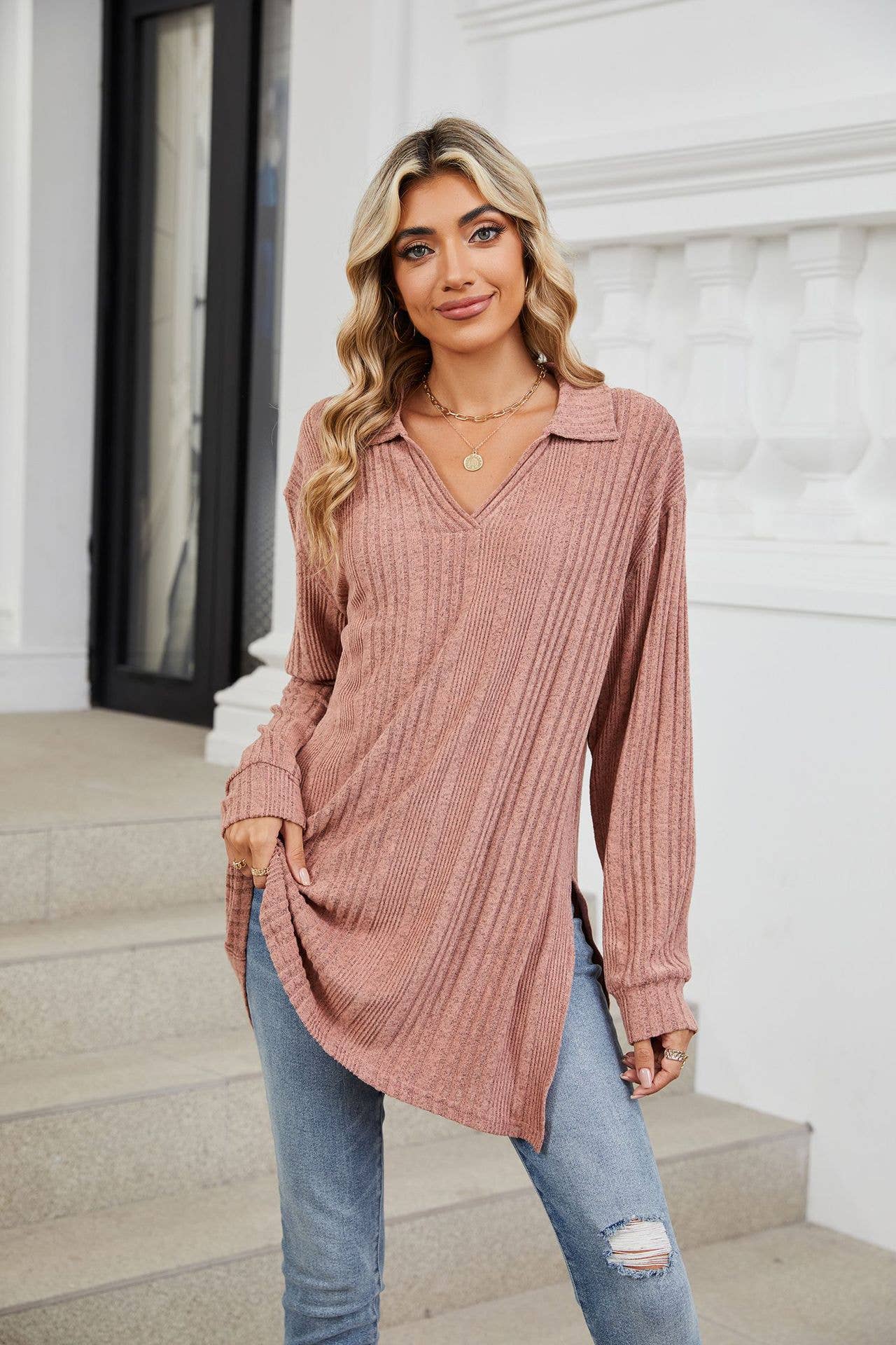 Solid-color V-neck long-sleeved loose slit Top