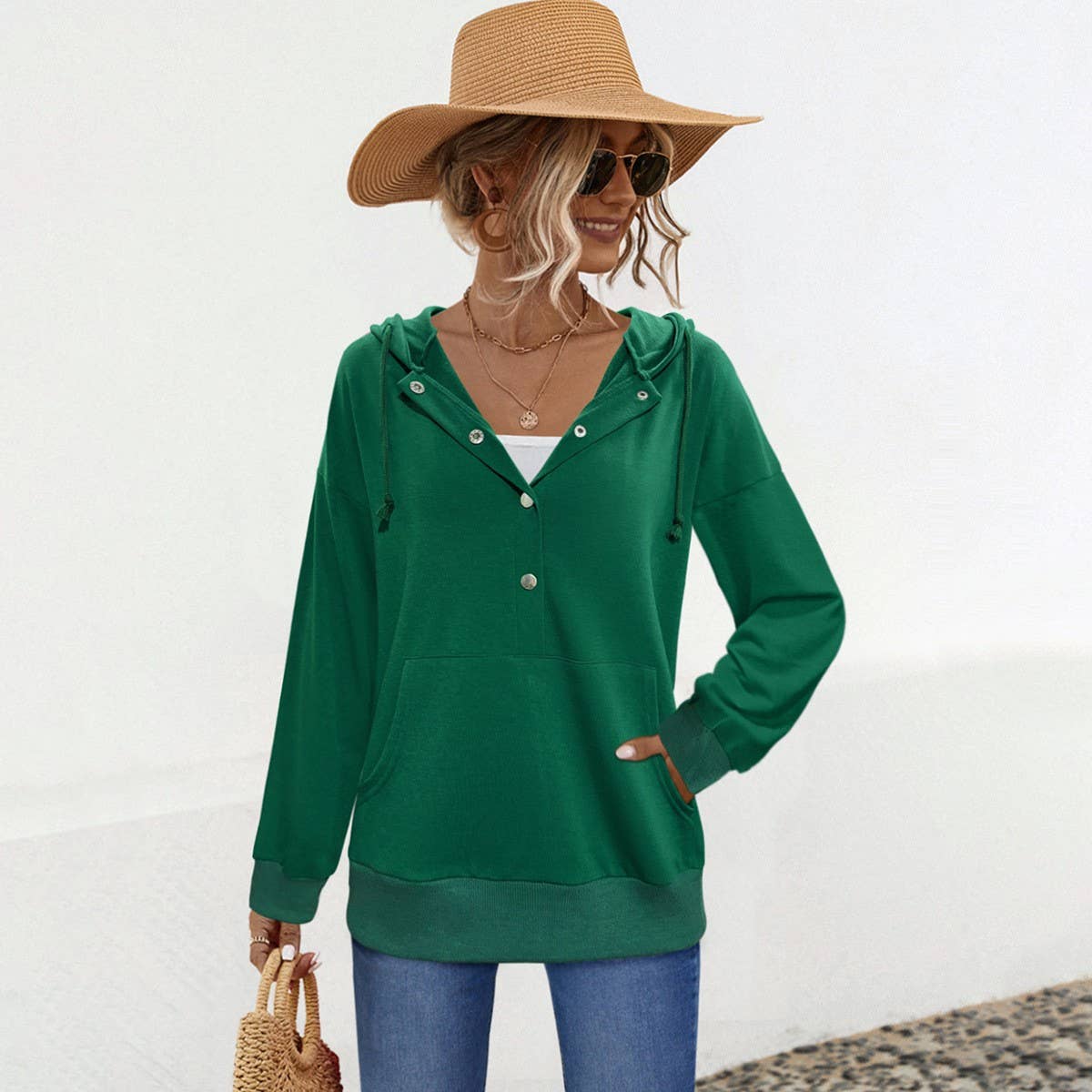 Pullover drawstring button pocket loose hoodie_cwohol0675