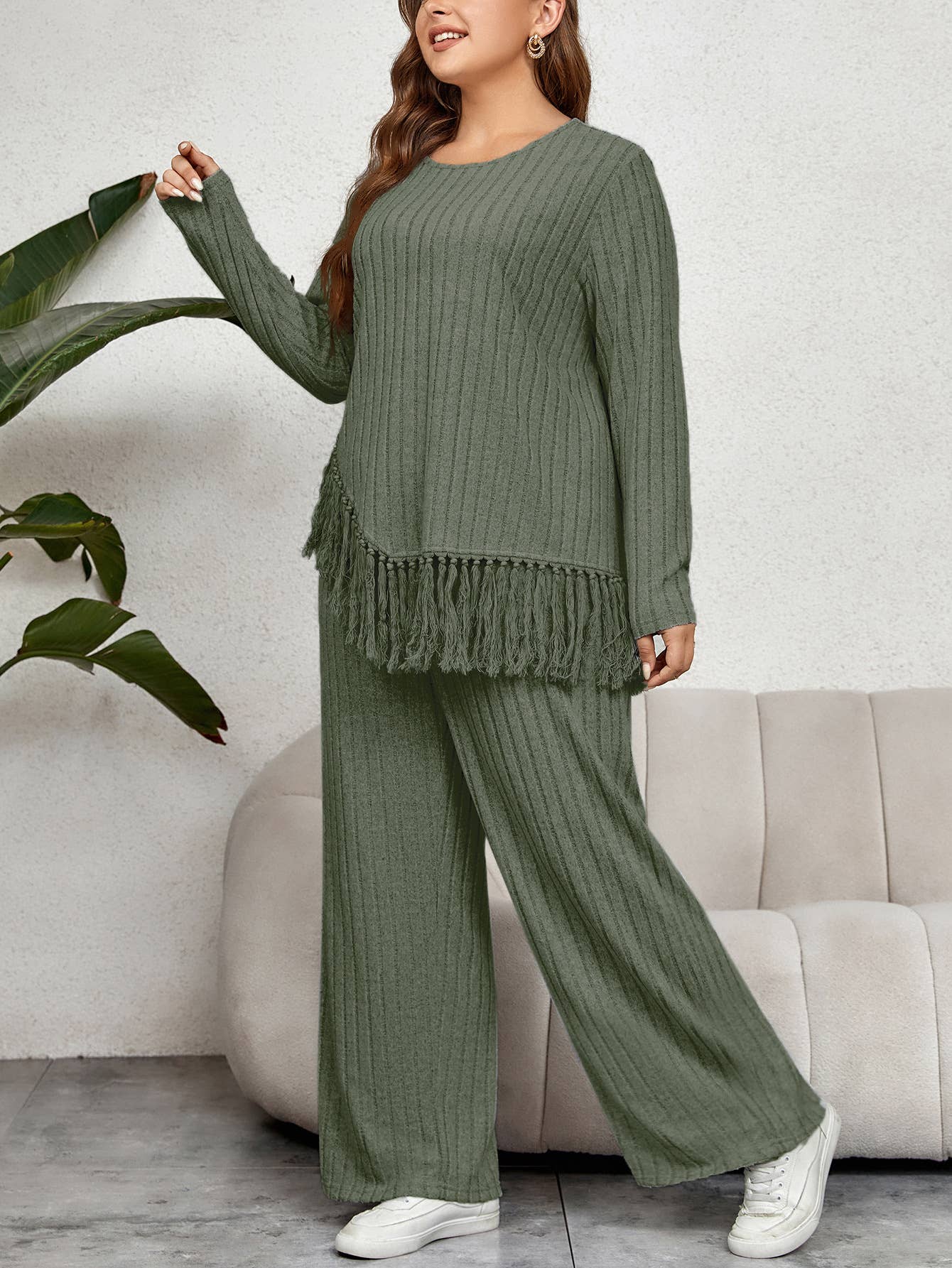 IRREGULAR FRINGE TOP LOOSE WIDE LEG PANT SUIT