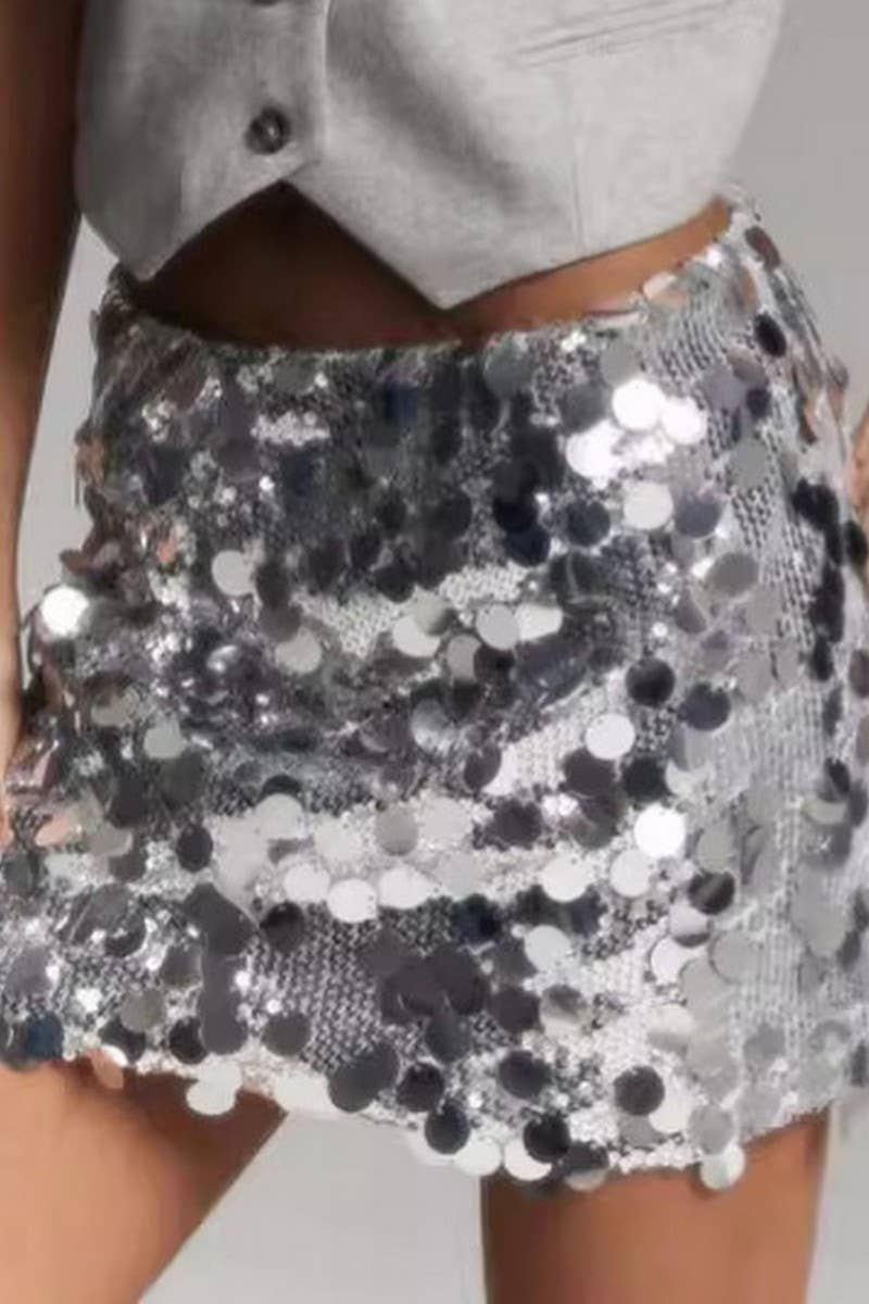 CWBSS0349_HIGH WAIST SOLID COLOR SEQUINED MINI SKIRT