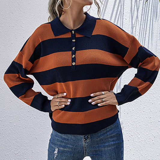 STRIPED LONG-SLEEVED THIN LAPEL CARDIGAN SWEATER