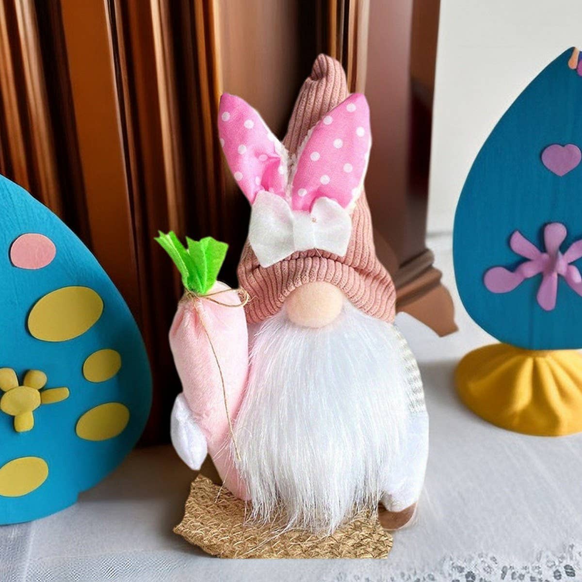 EASTER BUNNY GNOME HOLDING A BOUQUET OF FLOWERS