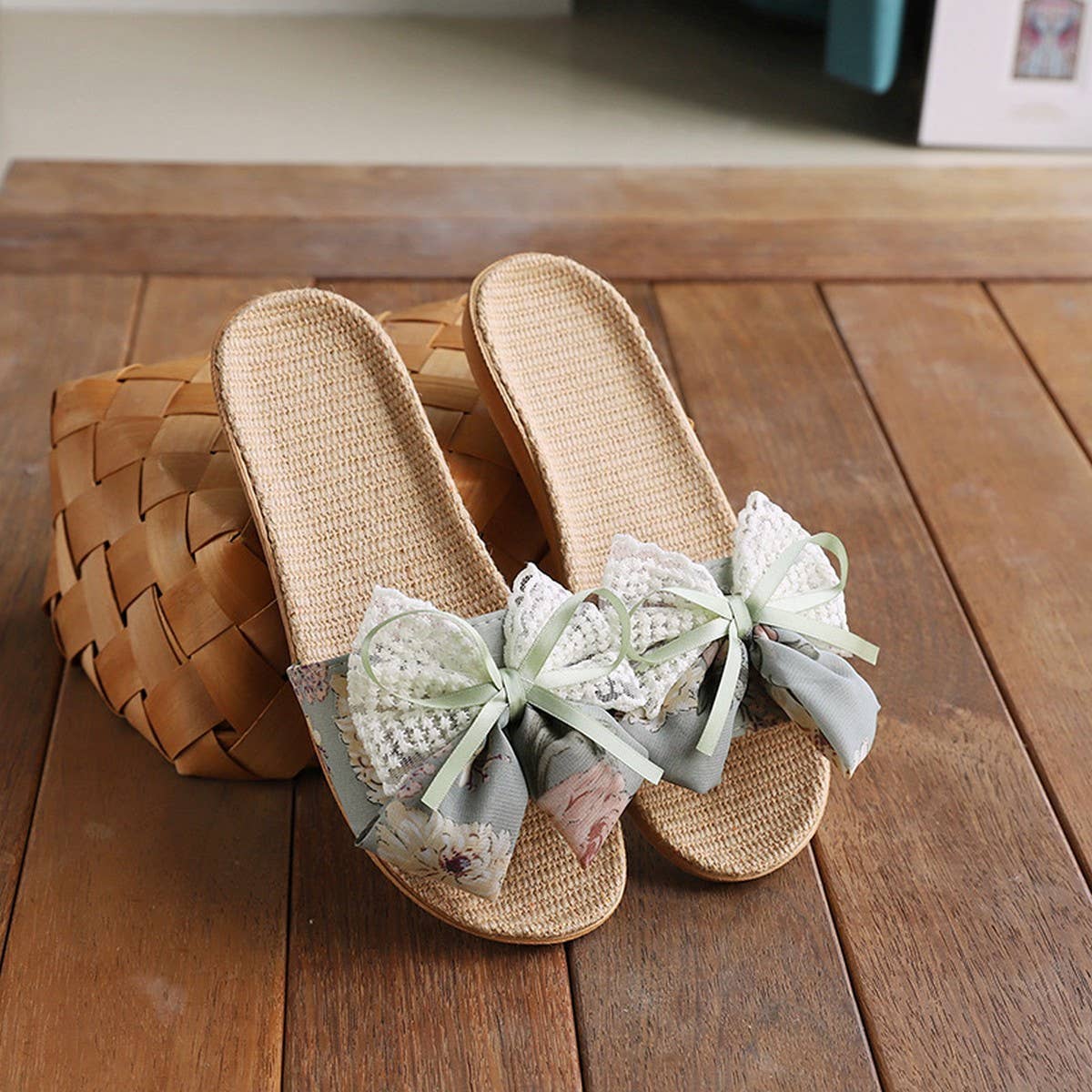 Cute Bow Linen Slippers for Home & Office