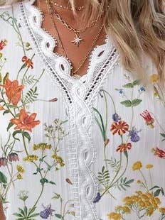 V-NECK LACE PATCHWORK PRINT SHIRT