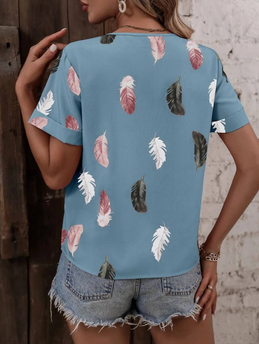V-NECK FEATHER PRINT SHORT-SLEEVED LOOSE T-SHIRT