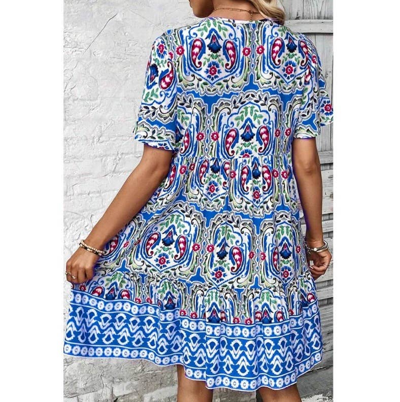 Ethnic style prints loose V-neck short dress