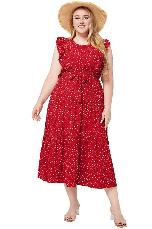 CWDMD3230_PLUS SIZED RUFFLED SLEEVELESS POLKA DOT DRESS