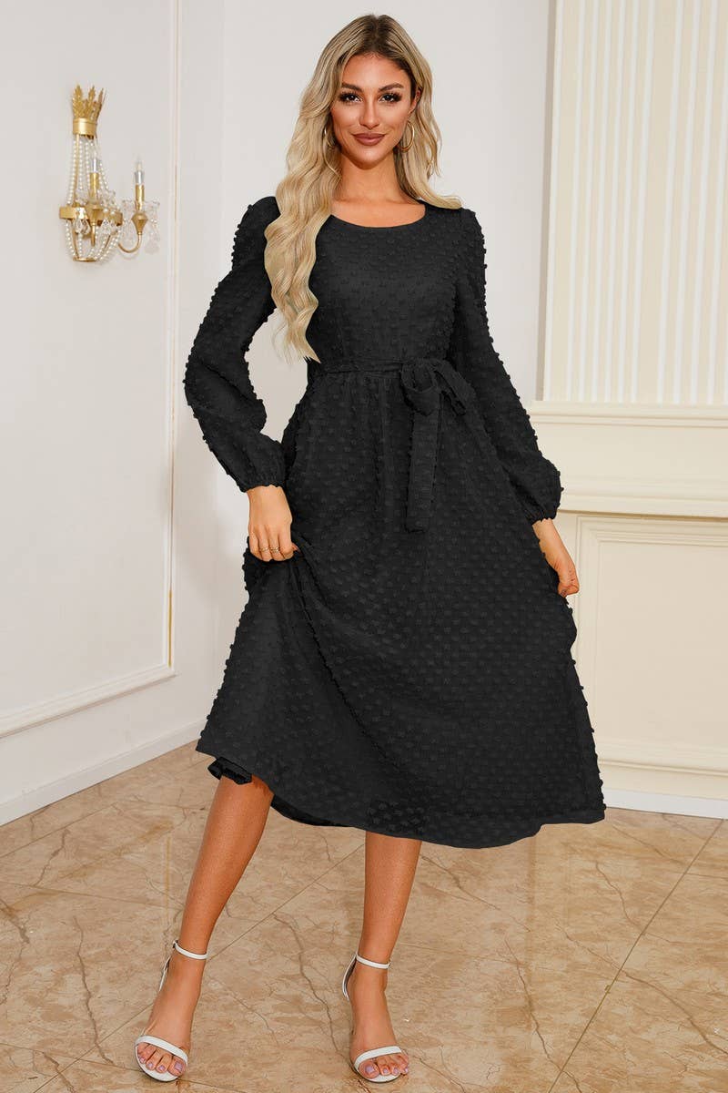 CWDMD3996_ROUND NECK TIE JACQUARD LONG SLEEVE DRESS