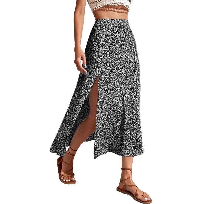 High-slit A-line body-hugging mid-waist skirt