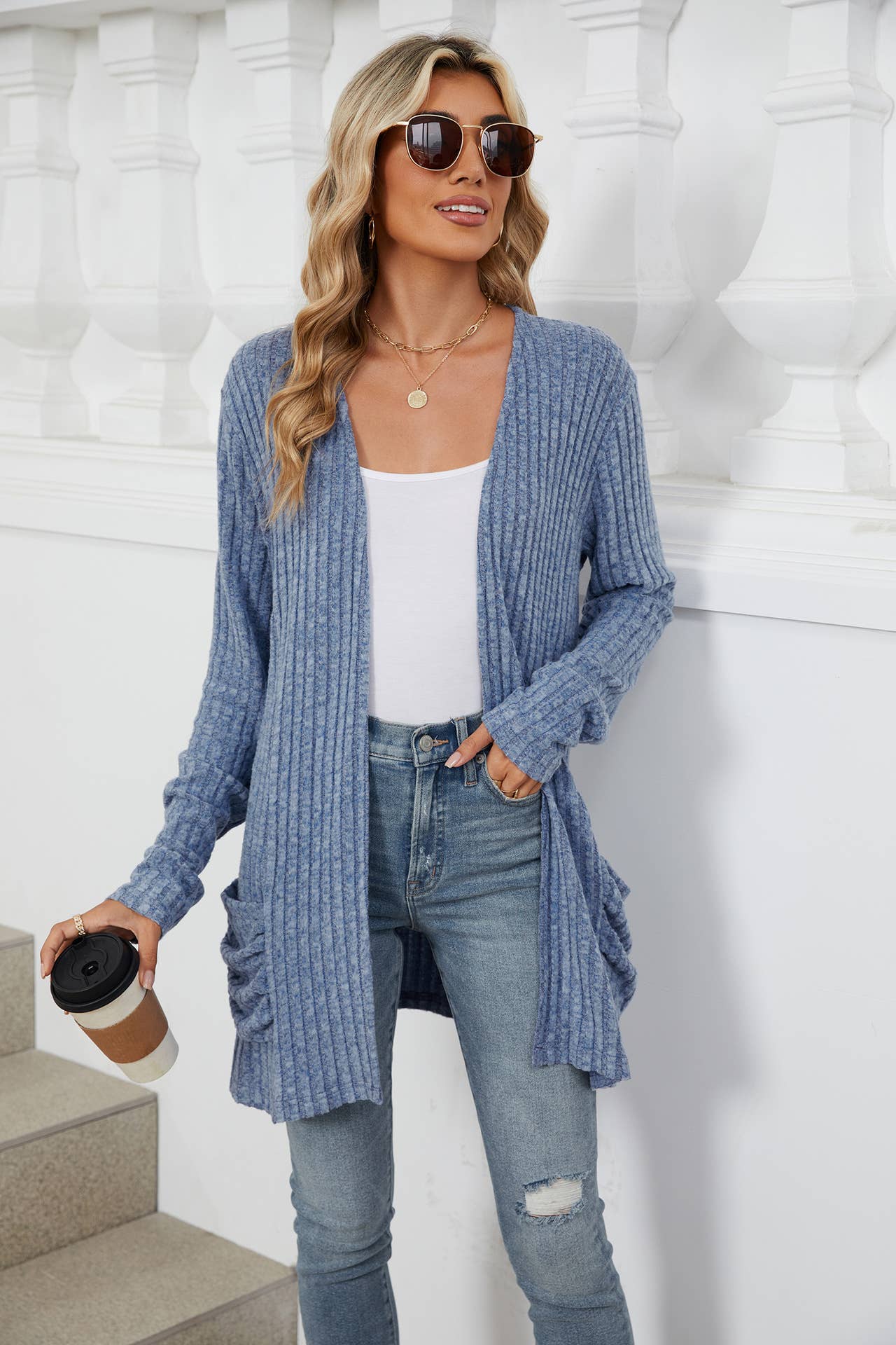 Solid-color casual pocket long-sleeved cardigan