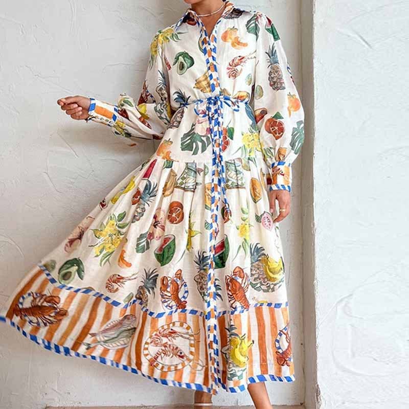 LANTERN SLEEVE PRINTED LAPEL LONG-SLEEVED DRESS