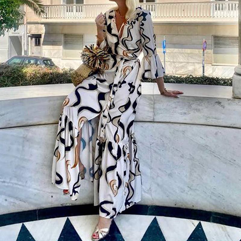 Long sleeve floral loose midi resort dress