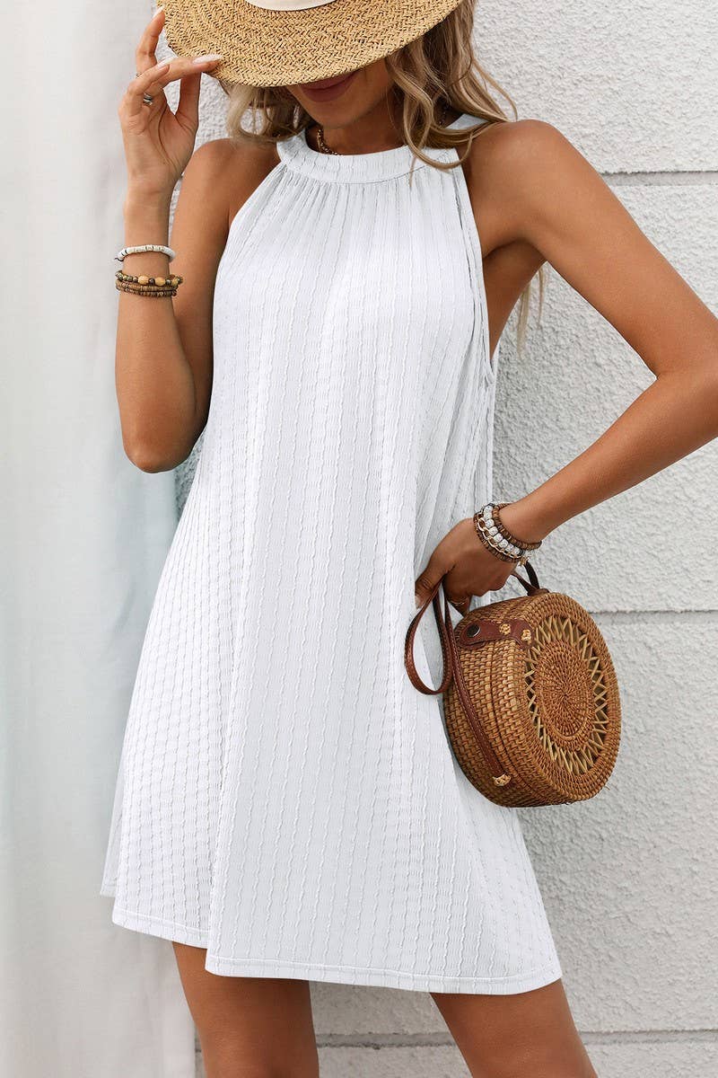 CWDHL0700_SOLID COLOR HALTERNECK SLEEVELESS DRESS