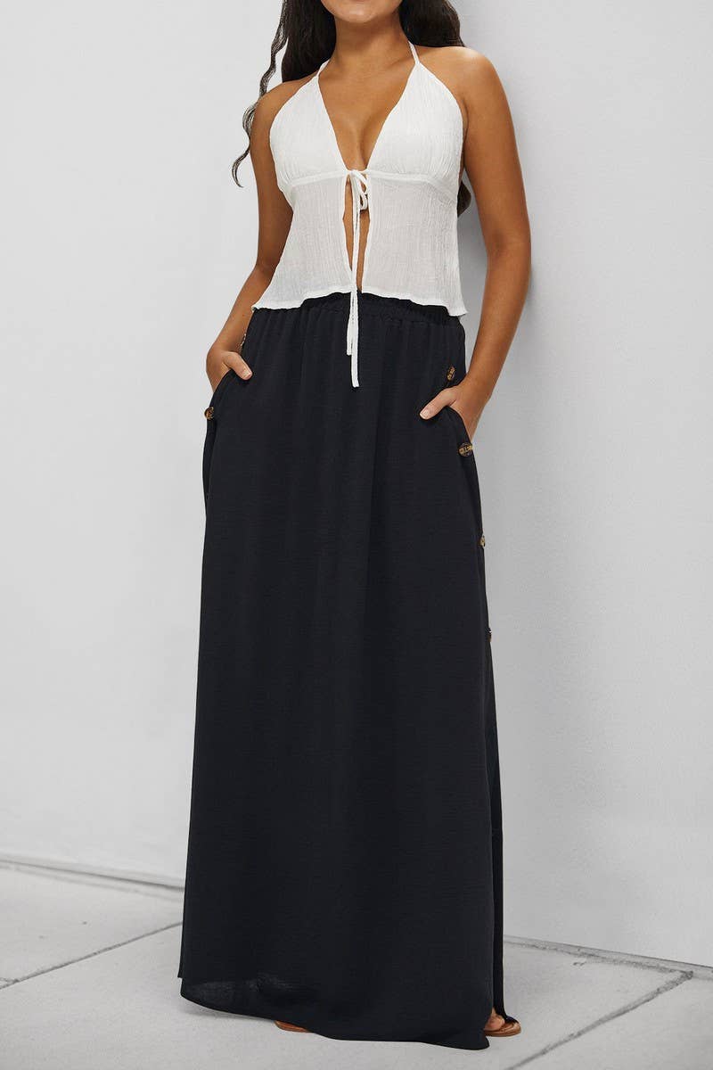 CWBLS0655_BUTTON FRONT POCKETED CASUAL MAXI SKIRT