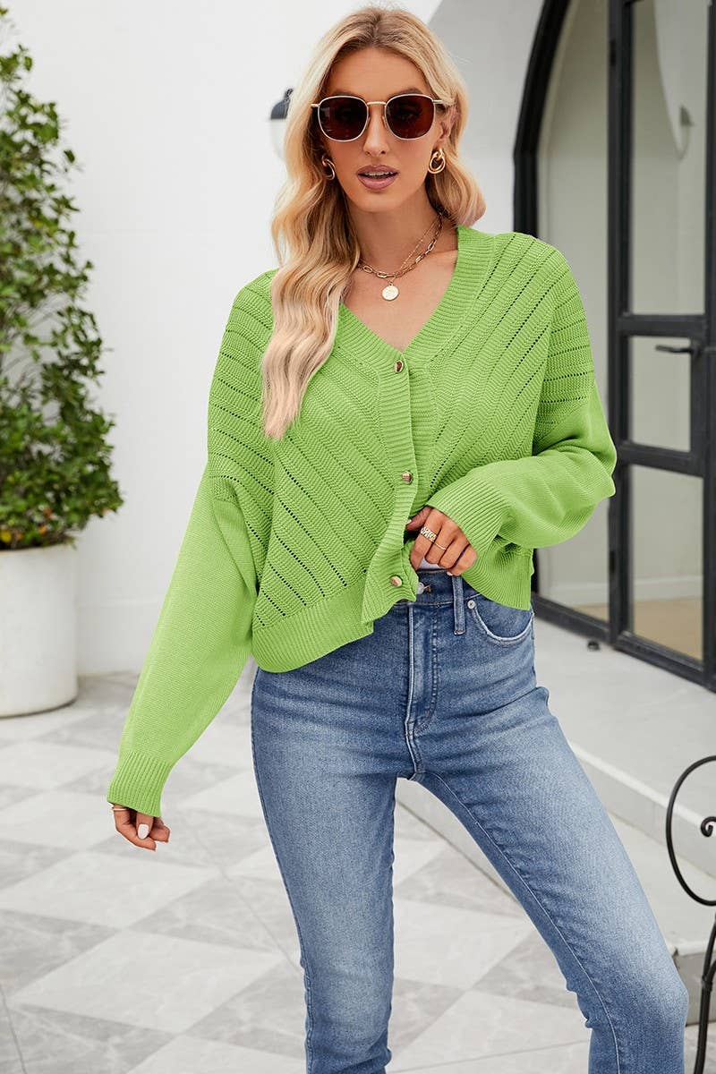 CWOCAL0783_CROPPED V-NECK HOLLOW KNIT CARDIGAN