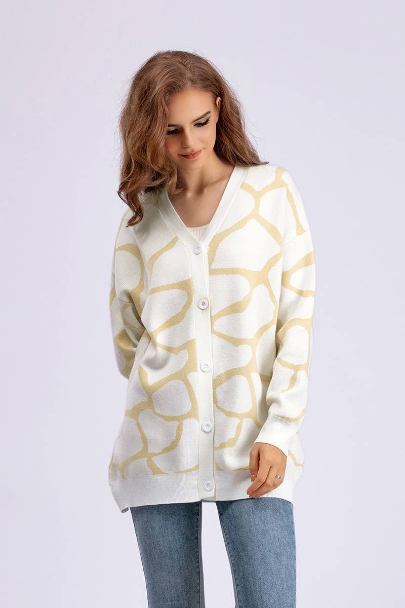 CWOCAL00664_JACQUARD KNIT V NECK LONGLINE CARDIGAN