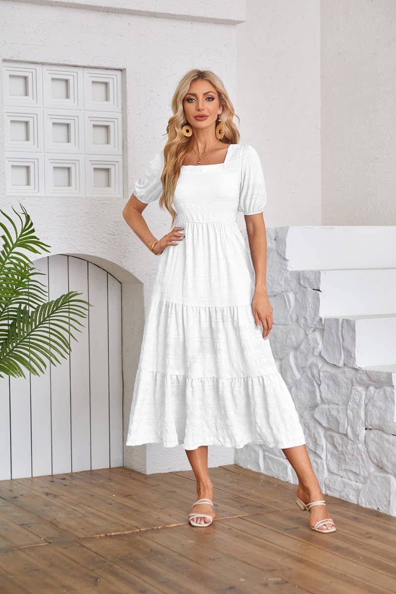 Square neck pleated short-sleeved dress