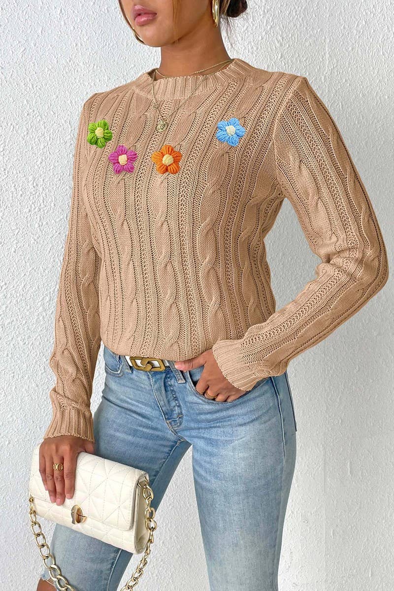 CWOSWL07409_WOMEN ROUND NECK KNIT SWEATER CROCHET PATCHWORK