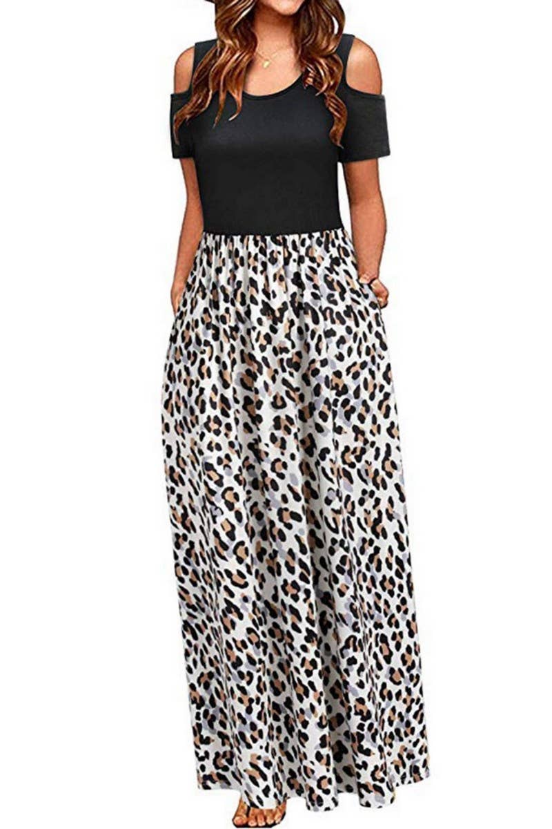 CWDMD2070_ROUND NECK FASHIONABLE SHORT SLEEVE LONG DRESS