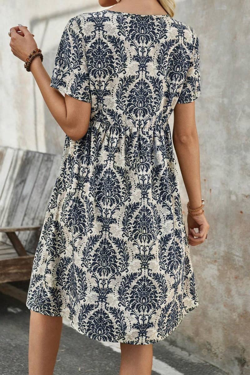 CWDSD4890_SUMMER V-NECK SHORT SLEEVE BOHO PRINT DRESS