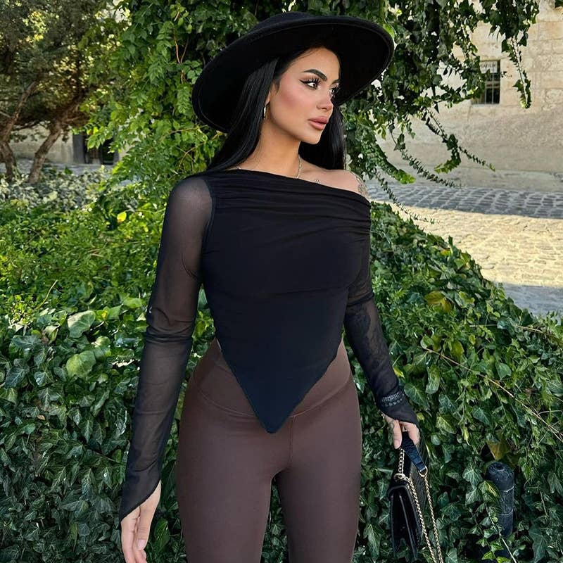 ELEGANT SLIM SLANT SHOULDER MESH SLEEVE TOP