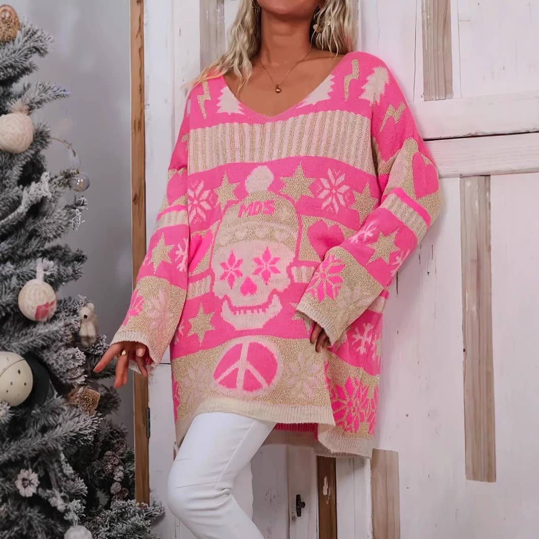 Skull jacquard long loose knitted sweater