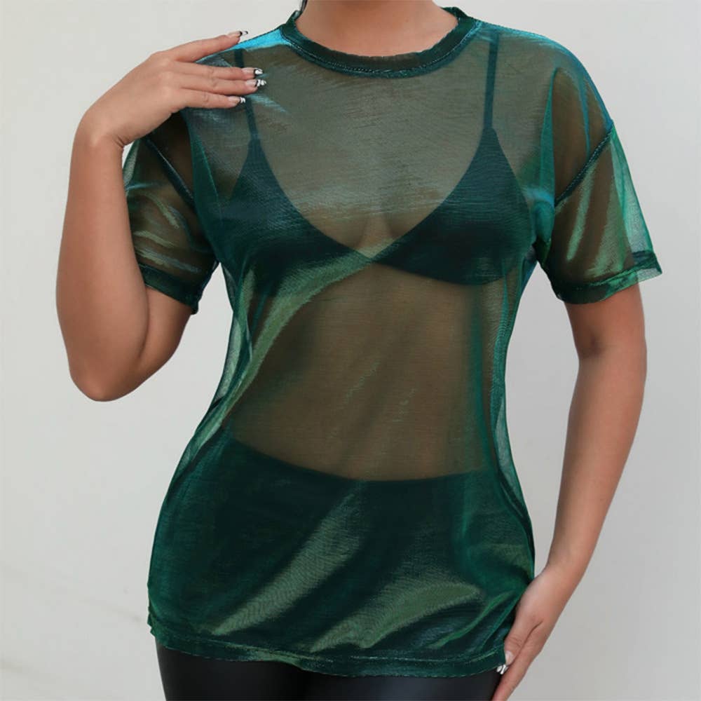 Sexy Sheer Holographic Mesh Short Sleeve Tee