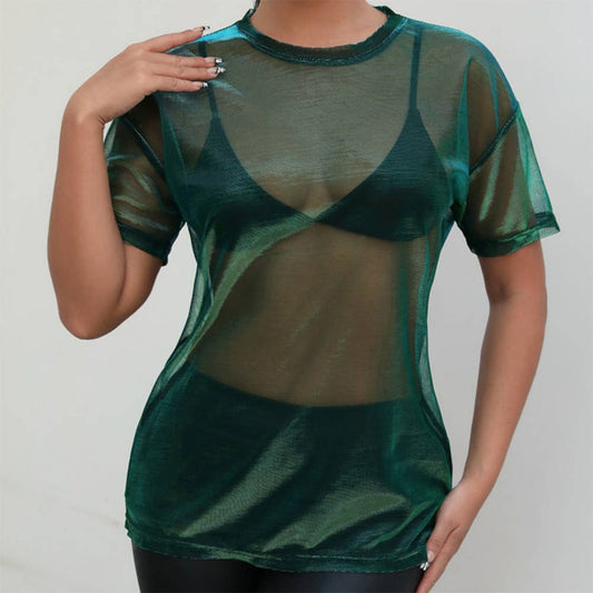Sexy Sheer Holographic Mesh Short Sleeve Tee