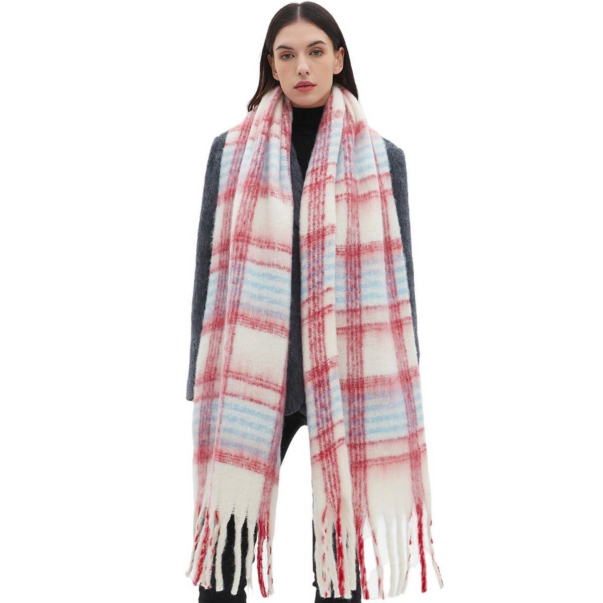 Round yarn tassel plaid scarf shawl fall & winter