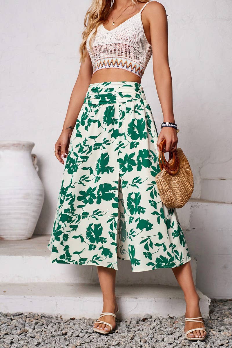 CWBMS0432_FLORAL RUCHED CASUAL SUMMER MIDI SKIRT
