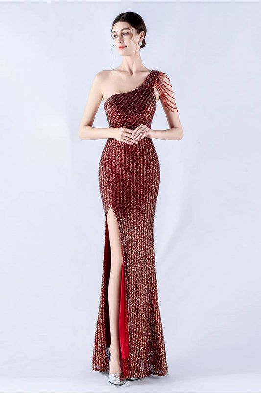 CWDMD4826_ONE-SHOULDER OFF-SHOULDER HIGH-SLIT SEQUINED DRESS