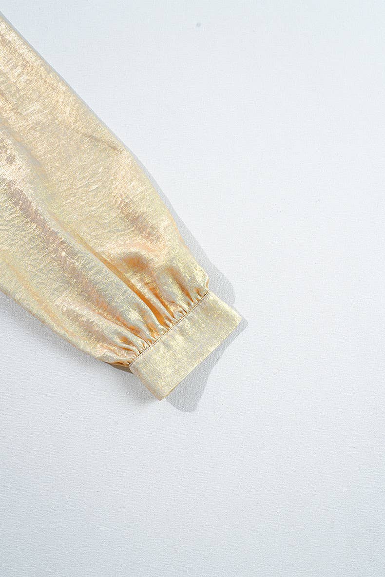 SOLID COLOR RUFFLED V-NECK BUBBLE SLEEVE PULLOVER