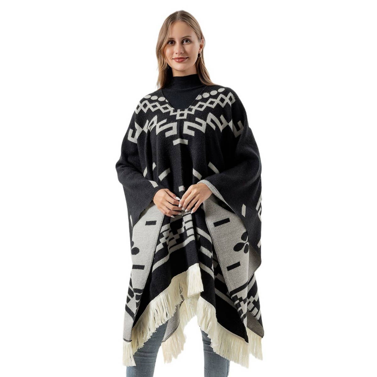 FRINGED PULLOVER CAPE CLOAK WARM KNITTED SHAWL