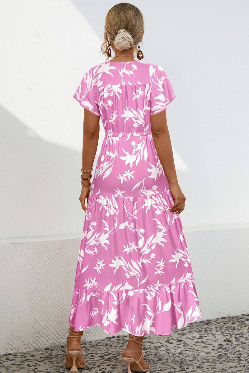 CWDMD2767_V-NECK FLORAL PRINT BUTTON-DOWN LONG DRESS