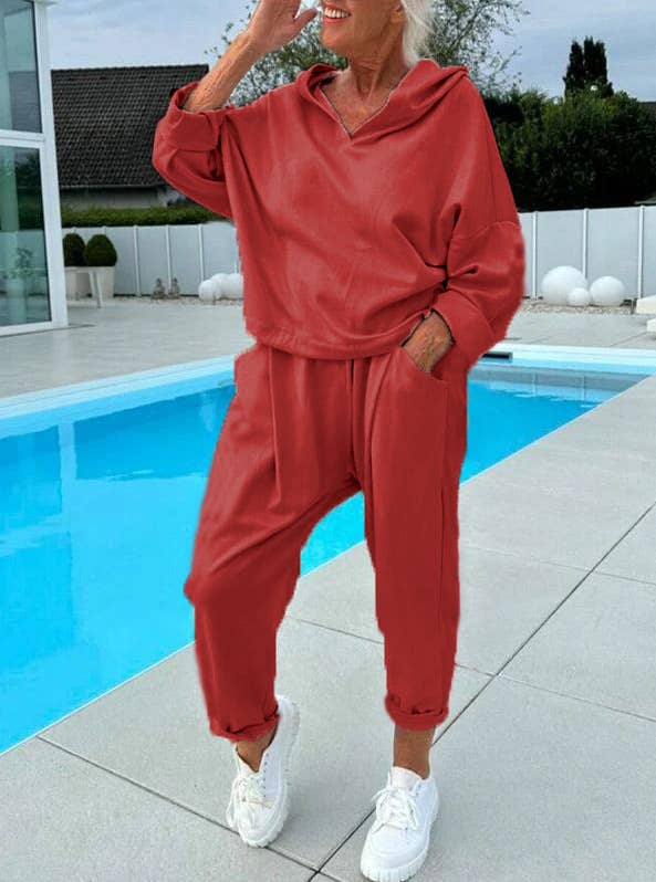 Two-piece solid-color hooded sweatshirt set