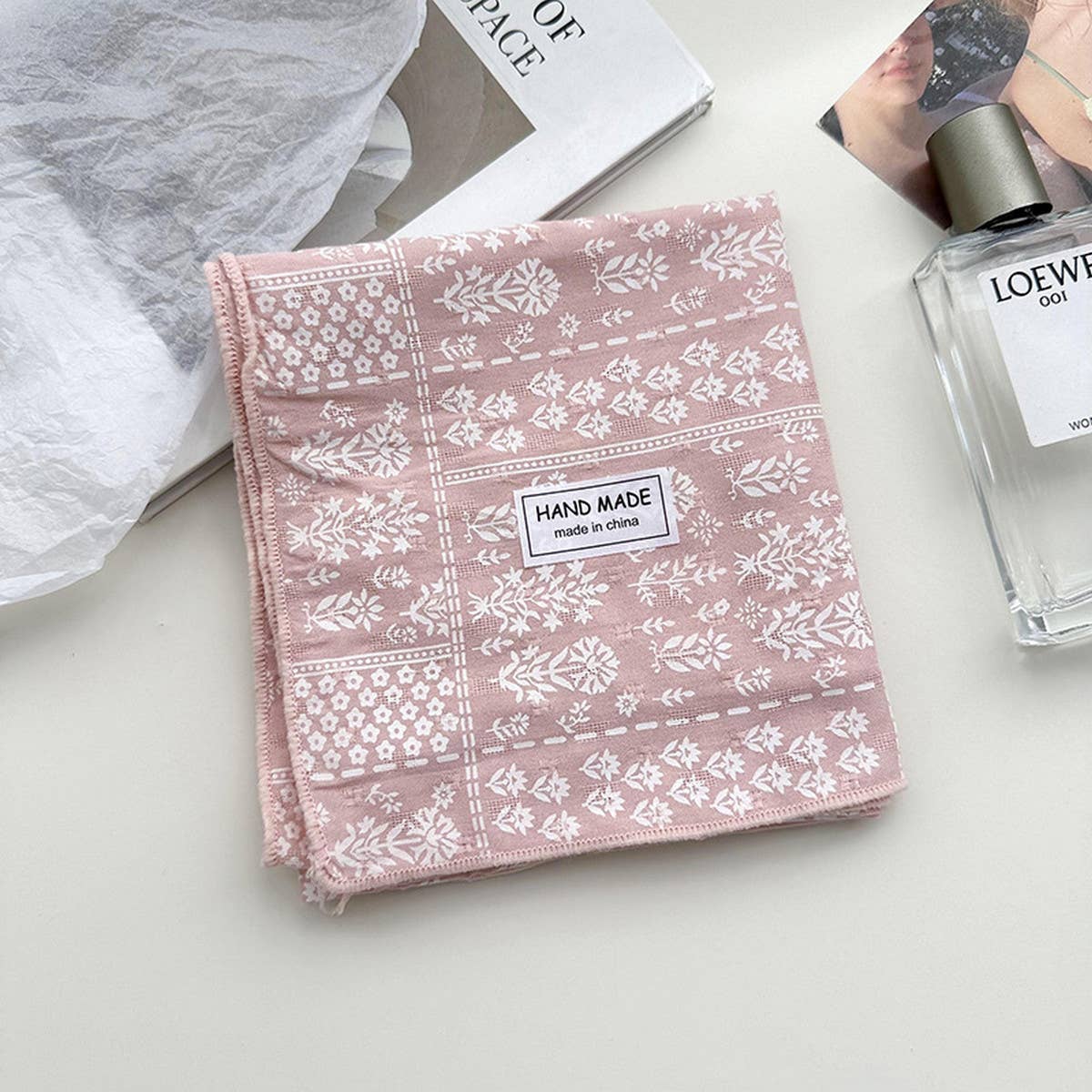 Floral Cotton Linen Square Scarf for Women