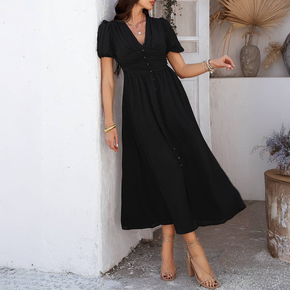 Holiday style V-neck high-waisted slit dress