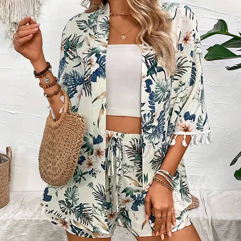 Printed fringe short beach vacation two-piece set