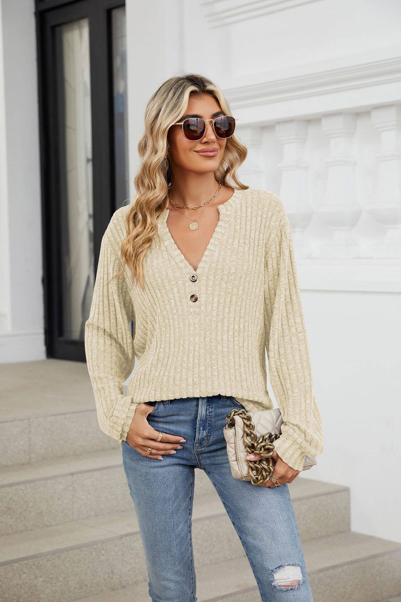 V-NECK BUTTON-DOWN LONG SLEEVED LOOSE T-SHIRT